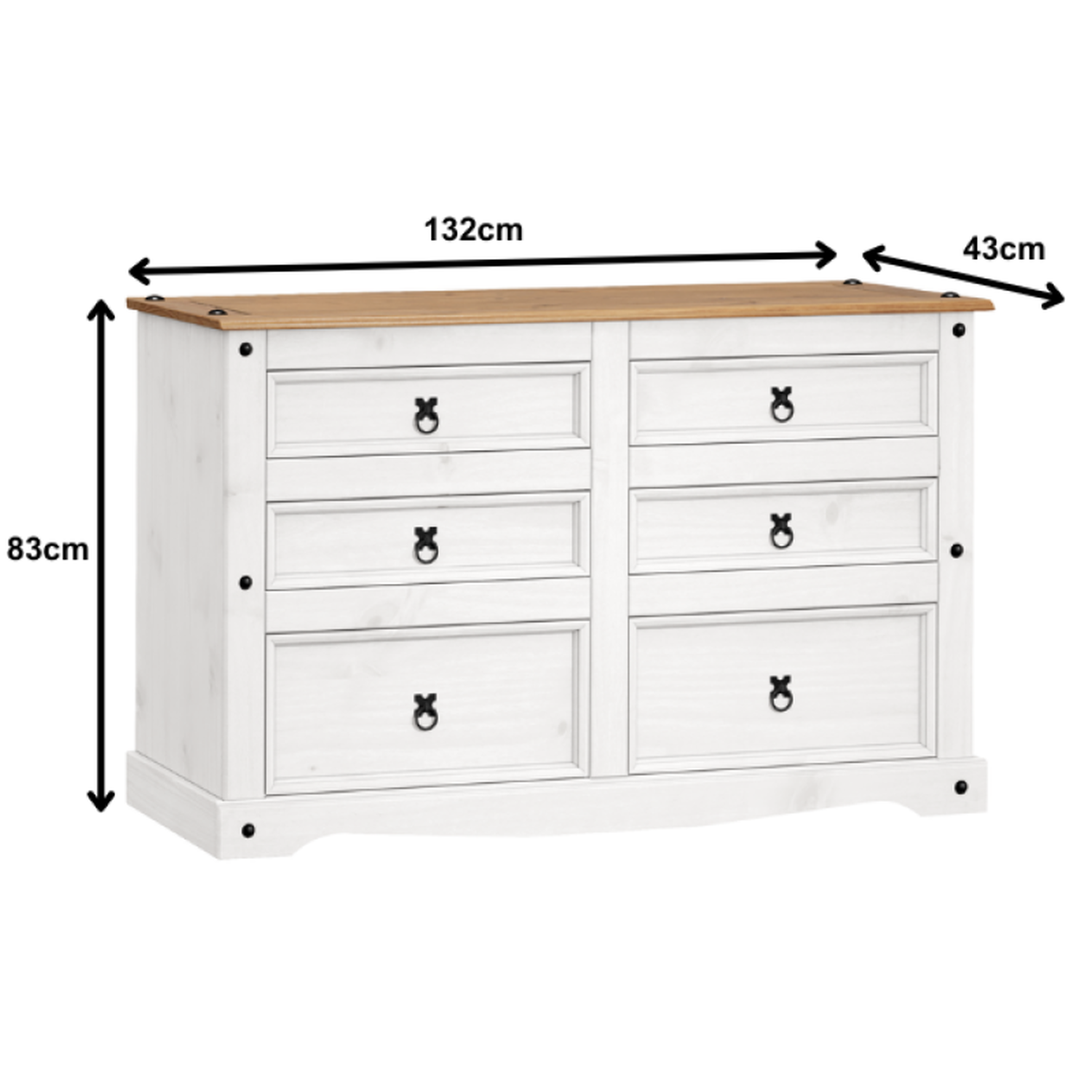 Corona Low 3 Plus 3 Wide Chest Of Drawers 6 Drawer Chest Solid Wood Pine Wooden - Distressed White Wax
