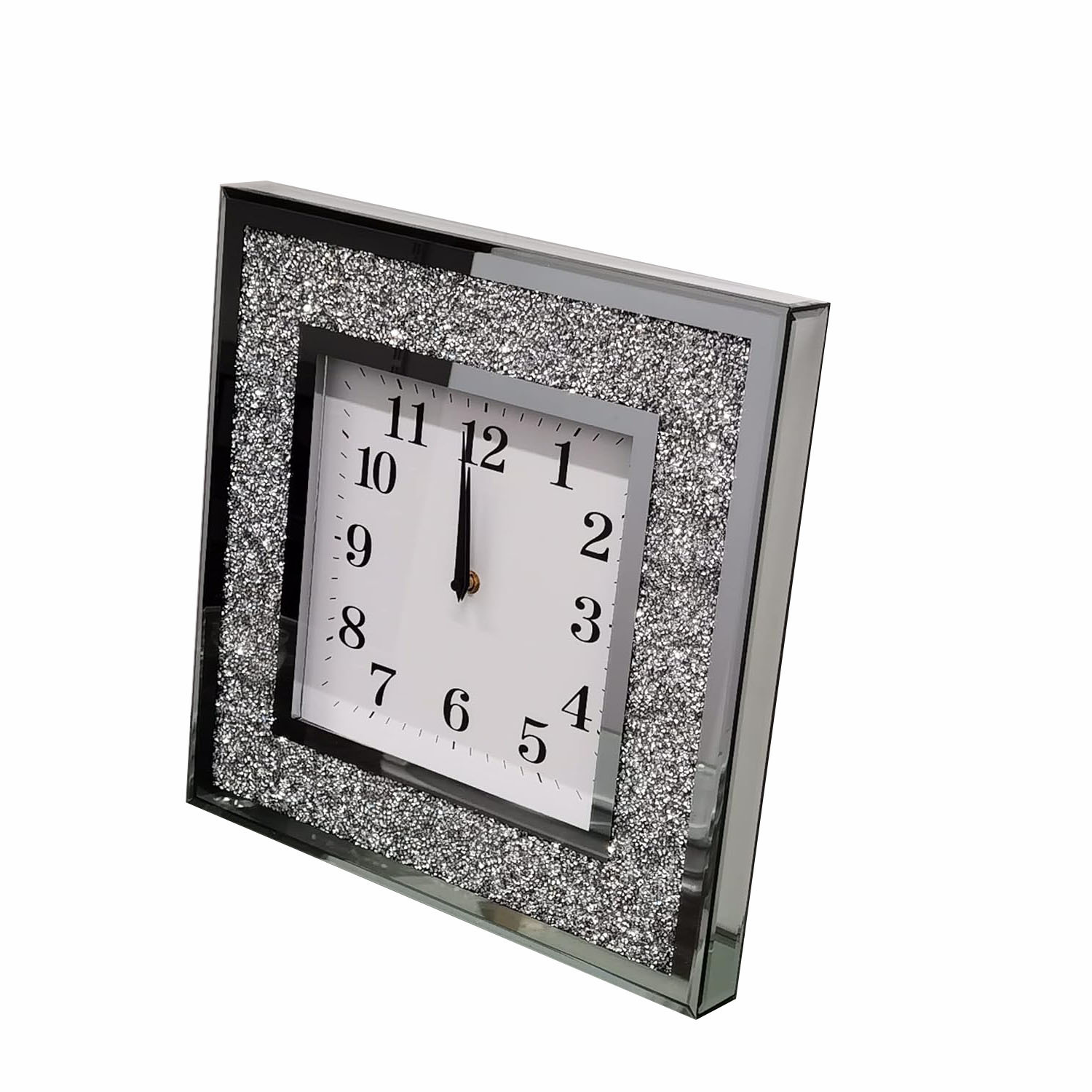 English Numbered Square Wall Clock - Crushed Diamante - Silver