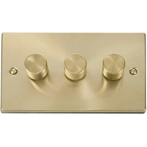 Satin  Brushed Brass 3 Gang 2 Way LED 100W Trailing Edge Dimmer Light Switch