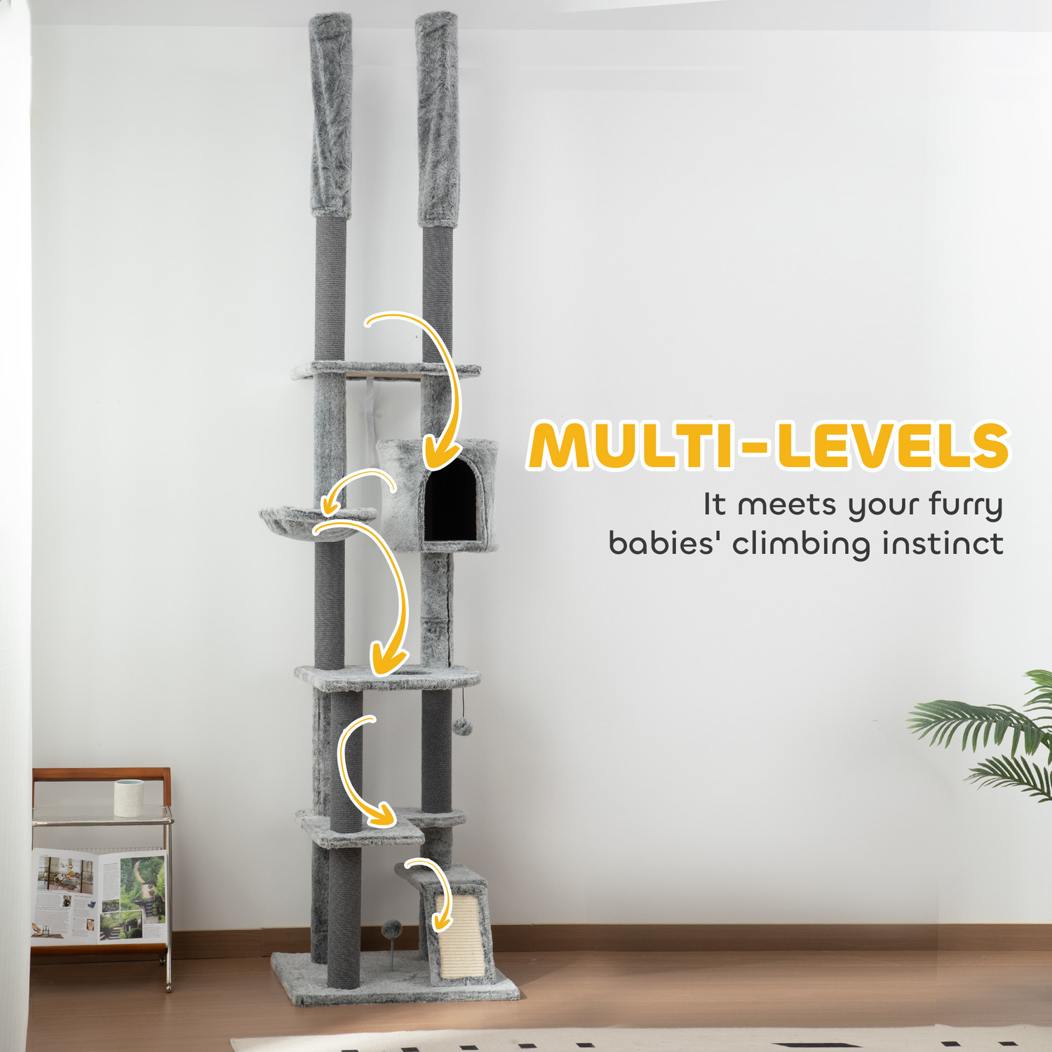 225-255cm Height Floor-to-Ceiling Cat Tree w Ramp