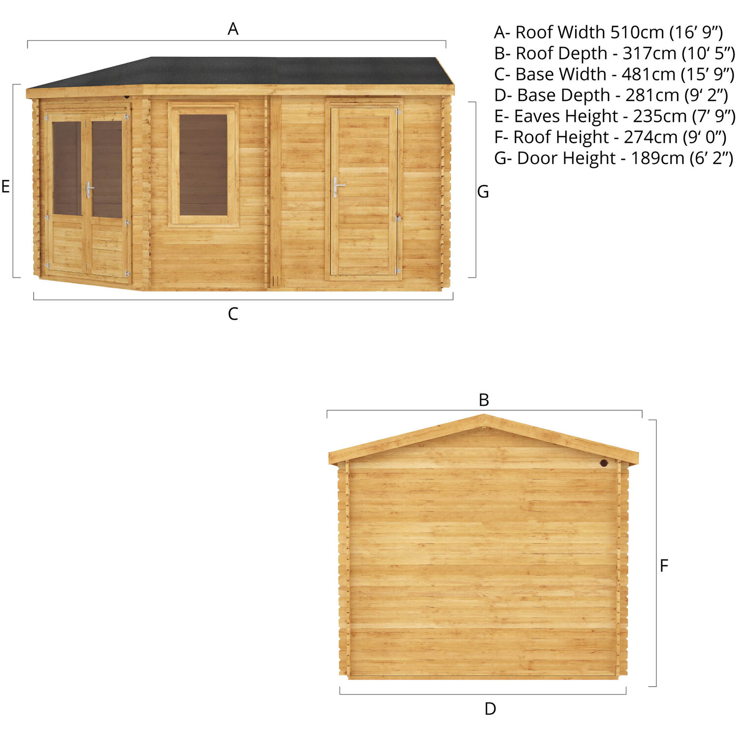 5m X 3m Wooden Corner Lodge Log Cabin With Side Shed - 44mm Thickness - Brown