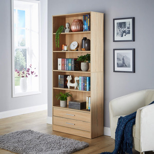 Oak Effect Home Source Clara Tall Wide 2 Drawer Storage Bookcase  shot 7021506