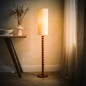 Wyatt Walnut Bobble Wood Floor Lamp with Tall Linen Shade and LED Bulb