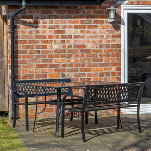 4 Person Glass Top Garden Dining Table and 2 Benches