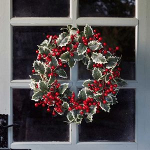 Hanging Christmas Wreath with Red Berries and Holly Leaves