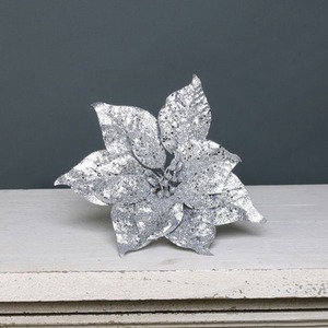 Artificial Silver Glitter Poinsettia Pick