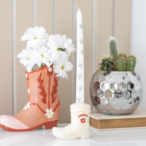 Cowboy Boot Candle Holder With Taper Candle And Cactus Design
