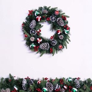 Decorated Mixed Pine Wreath with Red Green and Black Baubles