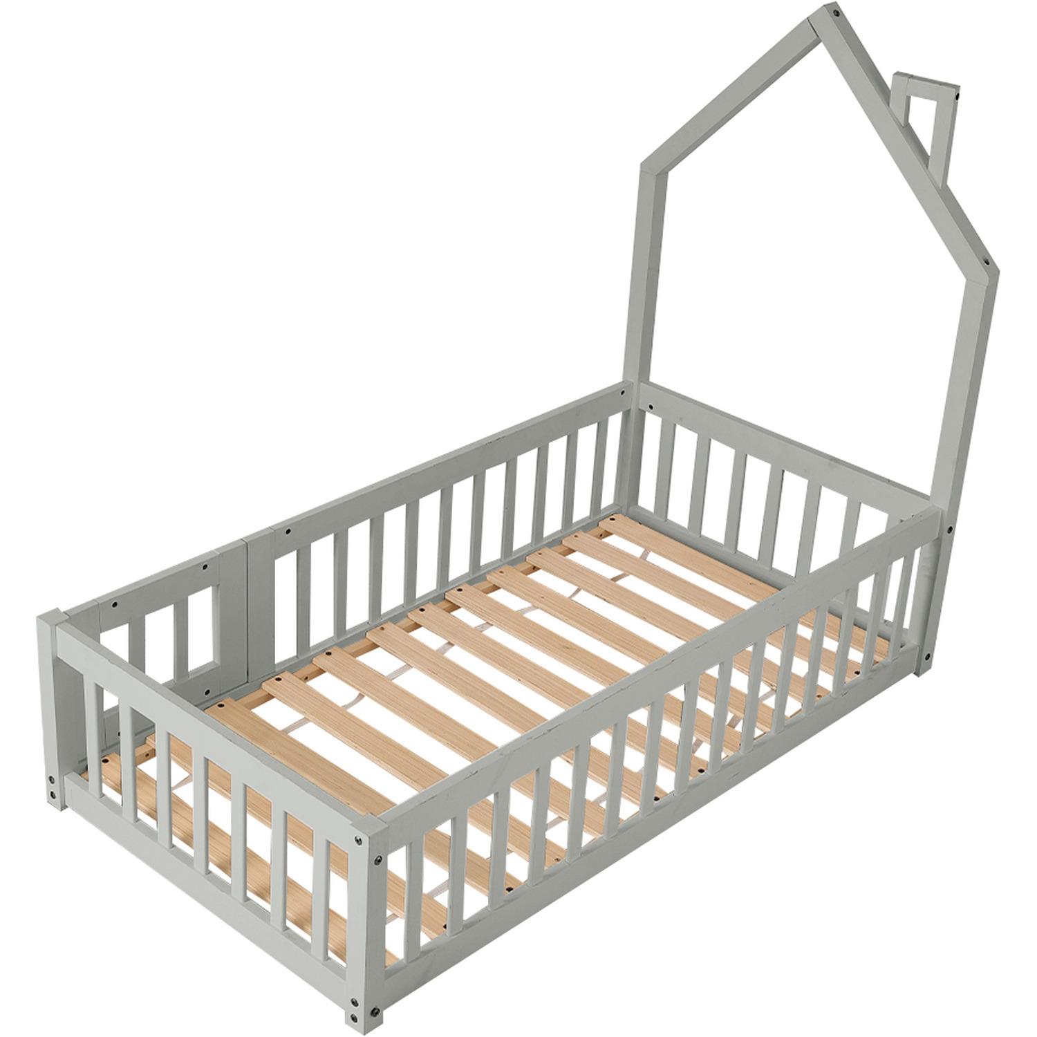 House-shaped Pine Wood Bed Frame - Grey