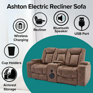 Brown Ashton 2 Seater Fabric Auto Recliner Sofa With Console shot 11556484