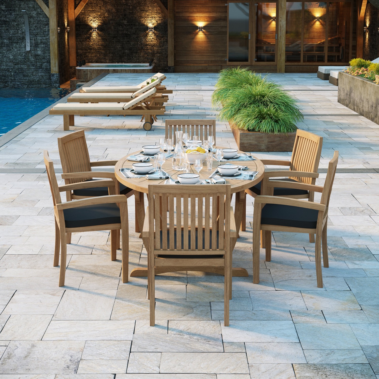 Rimini Teak Garden Dining Table And 6 Seat Chair Set - Teak Table 6 Chairs Green Cushions