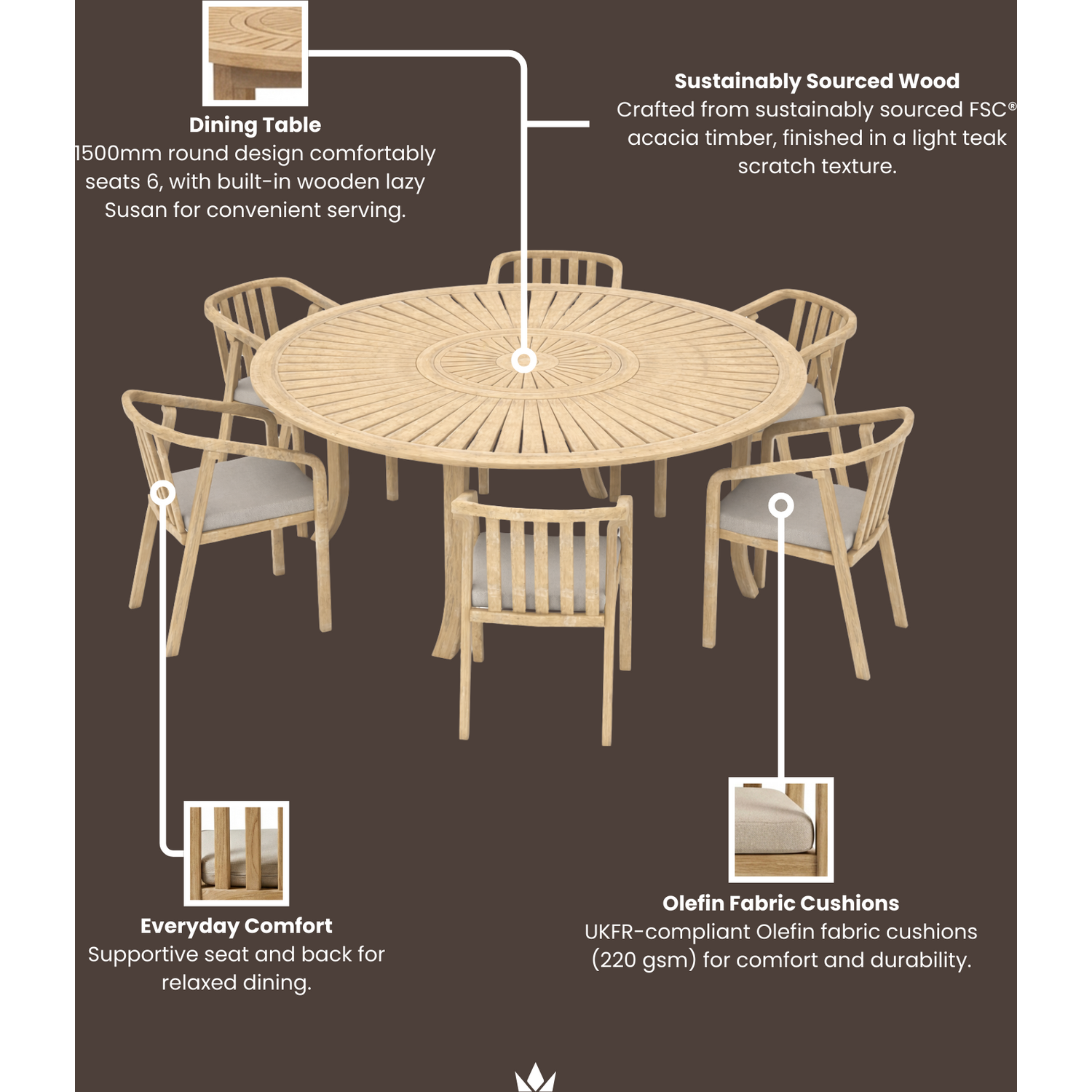 Maris 6-seater Round Dining Table With Wooden Lazy Susan 1500 Mm - Beige