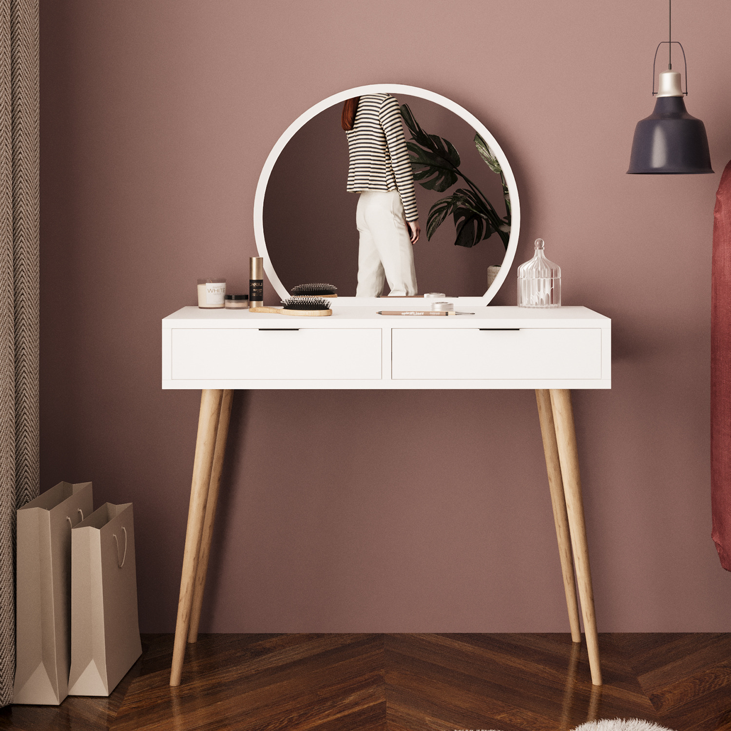 Lucy Vanity Dressing Table With Round Mirror - White