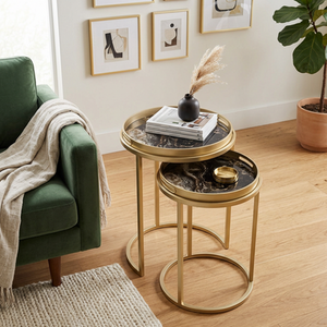 Set of 2 Faux Marble Nesting Tables Gold