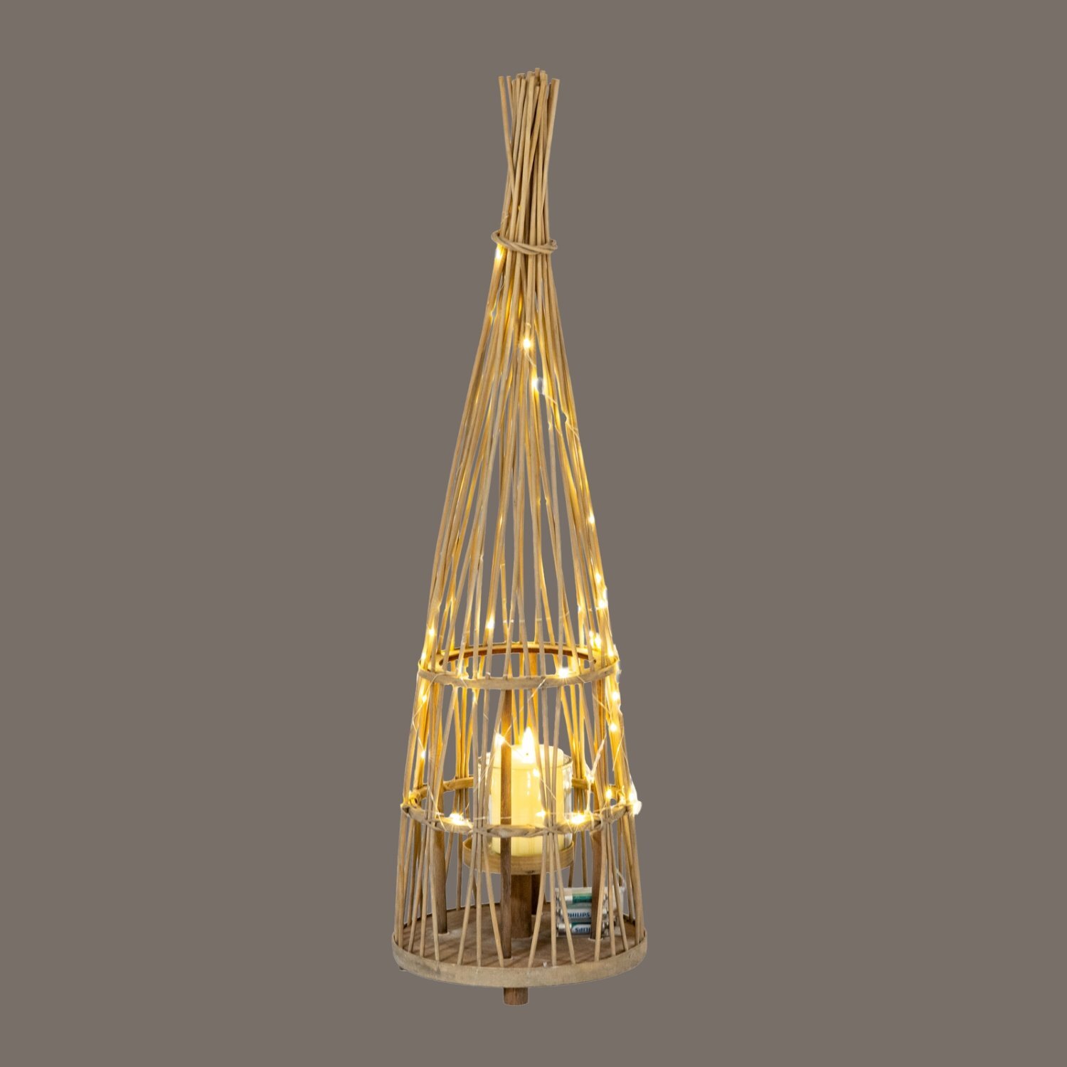Medium Conical Wicker Lantern with Glass LED Lights for Home Retail - Brown