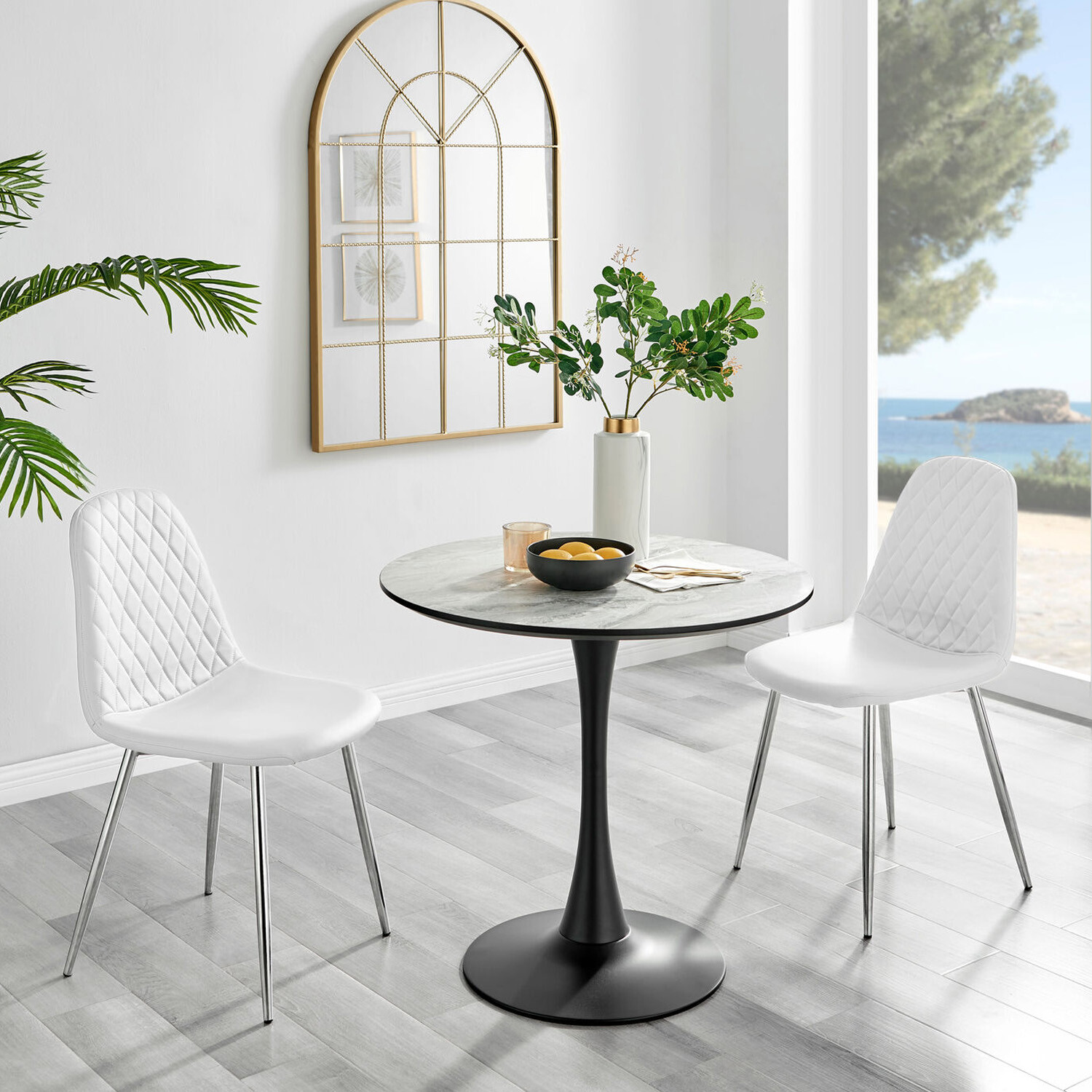 Furnitureboxuk Elina White Marble Effect Round Dining Table And 2 Corona Silver Chairs - White