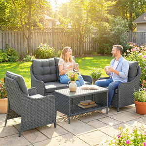 Outsunny Wicker Patio Furniture Set with Glass Coffee Table