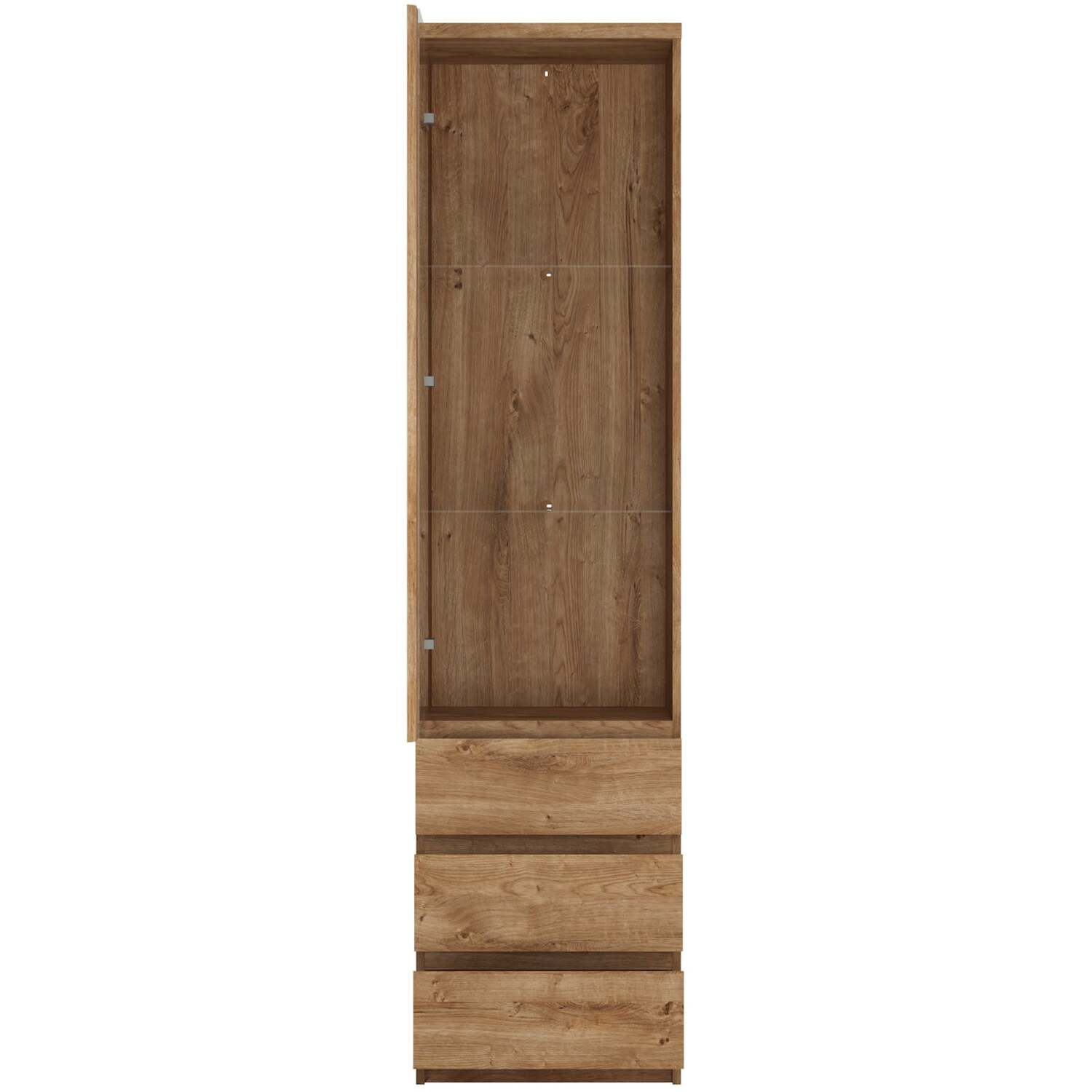 Wyld Haus Hemingway Tall Narrow Display Cabinet, Natural Oak Effect, 1 Glass Door, 3 Drawers - Natural oak effect