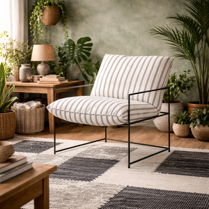 Drogheda Chalk-Stripe Armchair Matt Black Frame White Twill