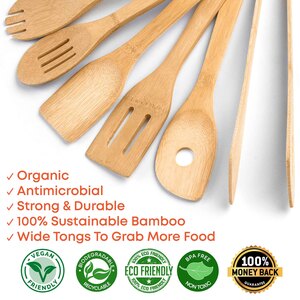 BlauKe Wooden Kitchen Utensils Set of 8 - Non-Stick Bamboo Cooking Utensils with Utensil Holder