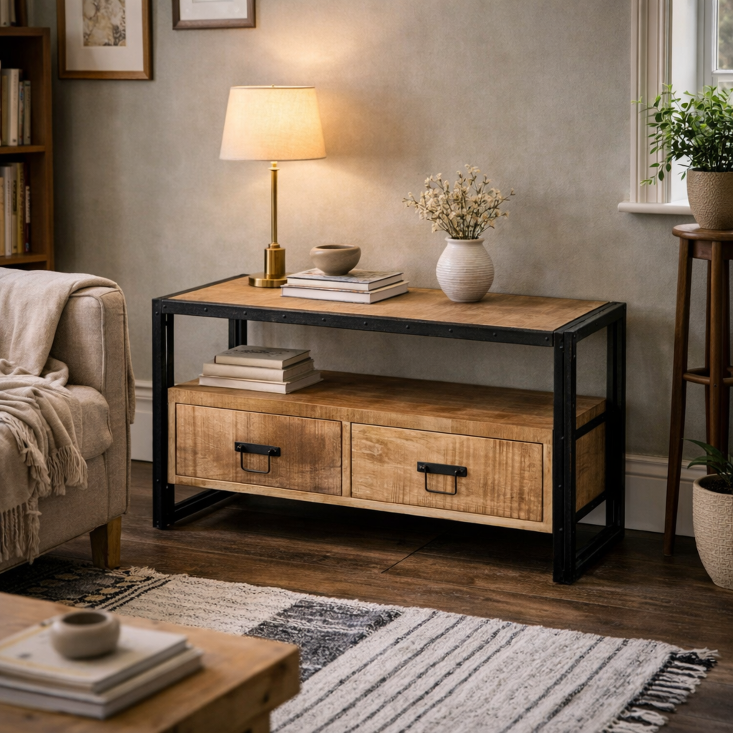 Toivakka TV Unit Reclaimed Hardwood with Iron Edging and 2 Drawers - Brown