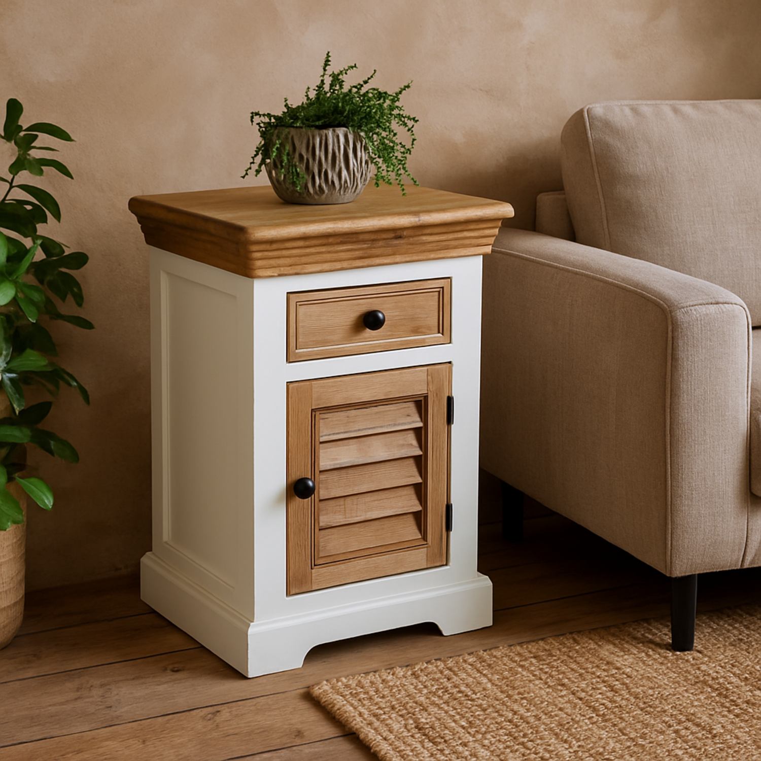 Alington Mango Wood Bedside Cabinet with Drawer and Louvered Door - Brown