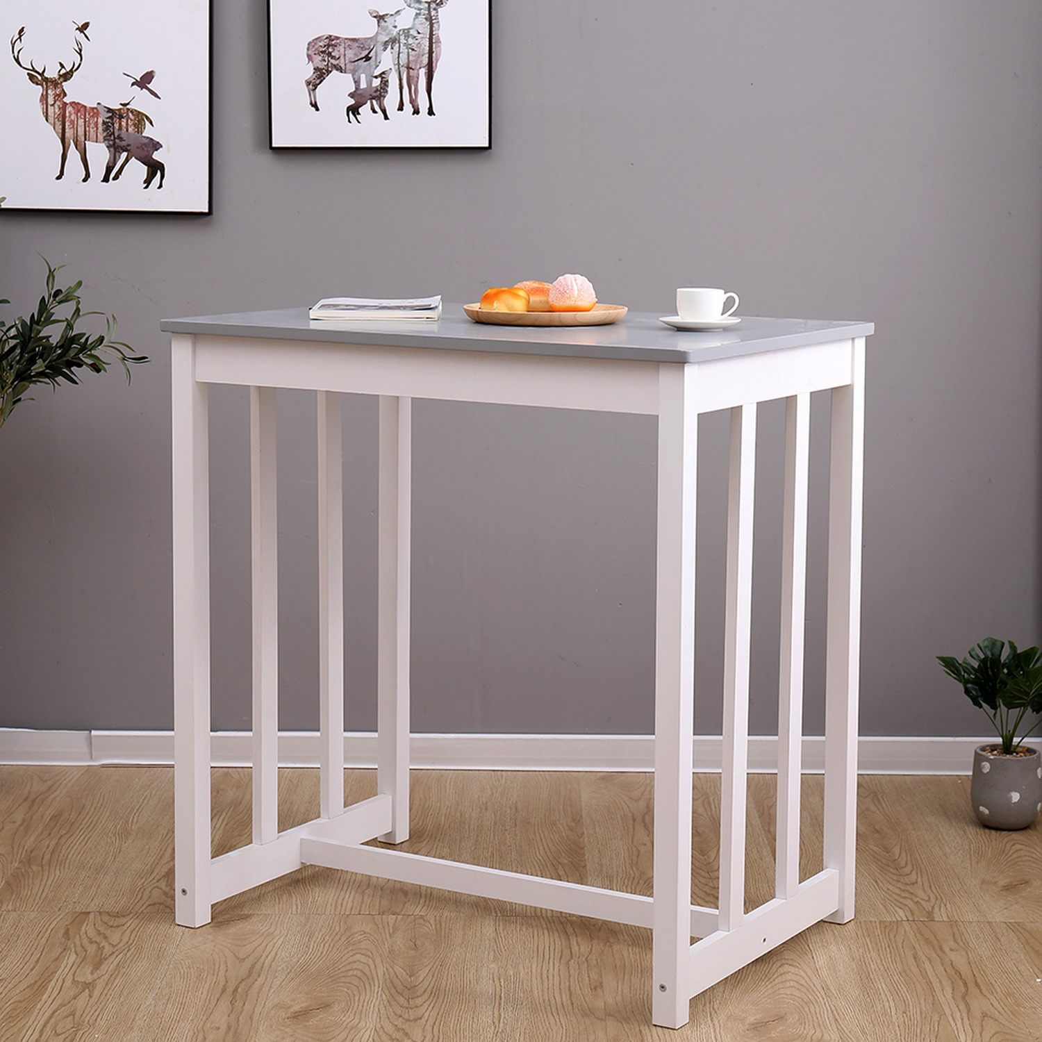 Hmd Solid Pine Dining Table Set Bar Table And Stool Set - Grey 20kg