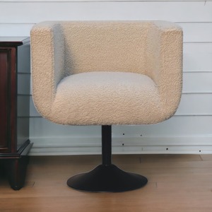 Solid Wood Cream Boucle Swivel Chair