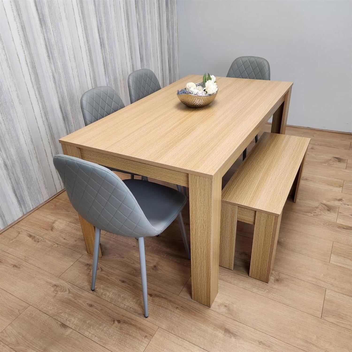Kosy Koala 6 Seater Modern Light Wood Dining Table Set With 4 Grey Gem Pattern Chairs And Bench - Brown