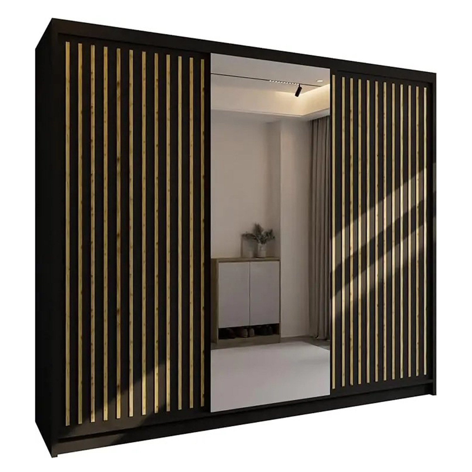 Sliding Wardrobes 4U London Sliding Wardrobe With Mirror Door & Strip Design, Space Saving Sliding Door Wardrobe With Shelves & Hanging Rail - Black/Oak 250Cm