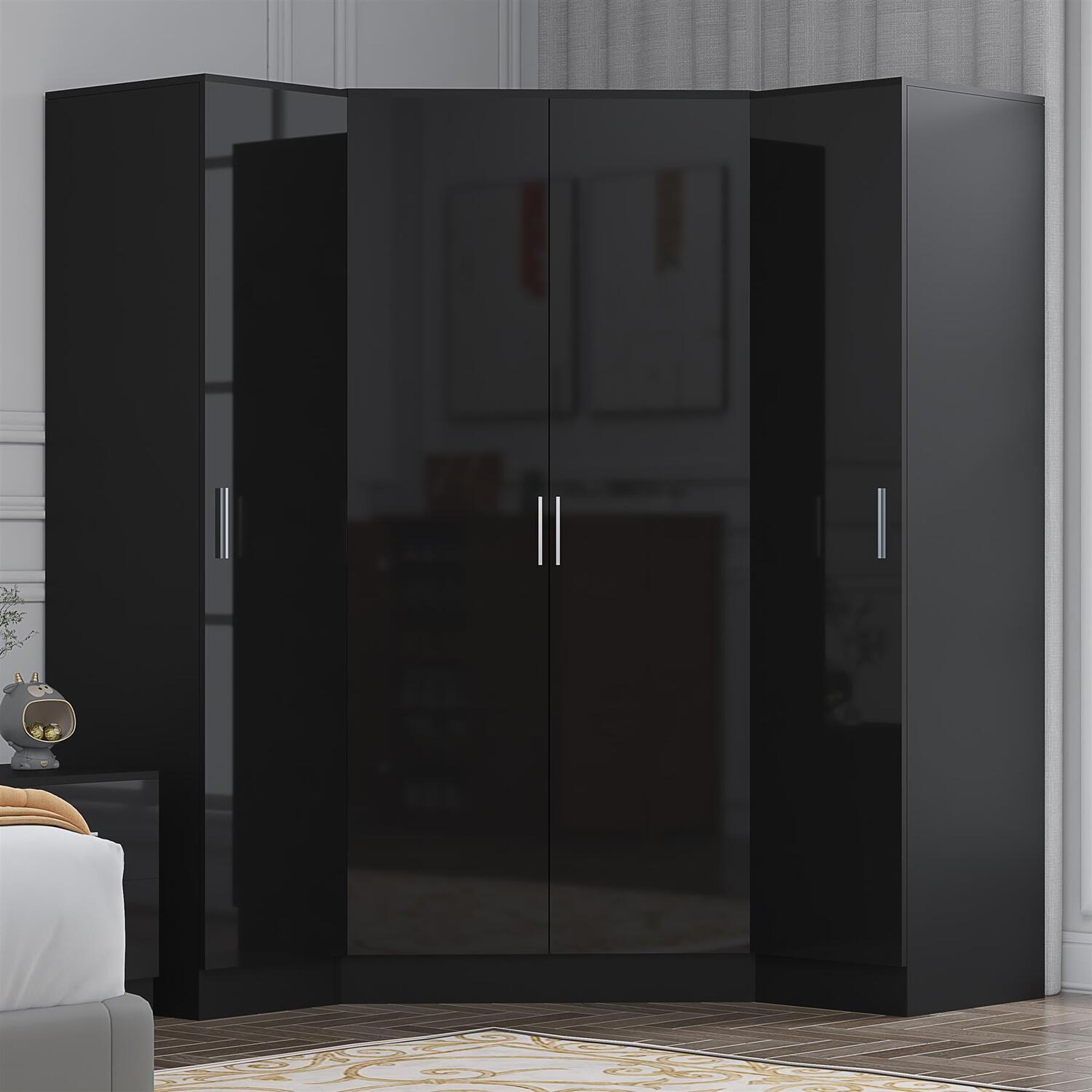 REFLECT 2 Door Corner + 2x 1 Door Wardrobe - Black High Gloss / Black Oak Matt - Image 6