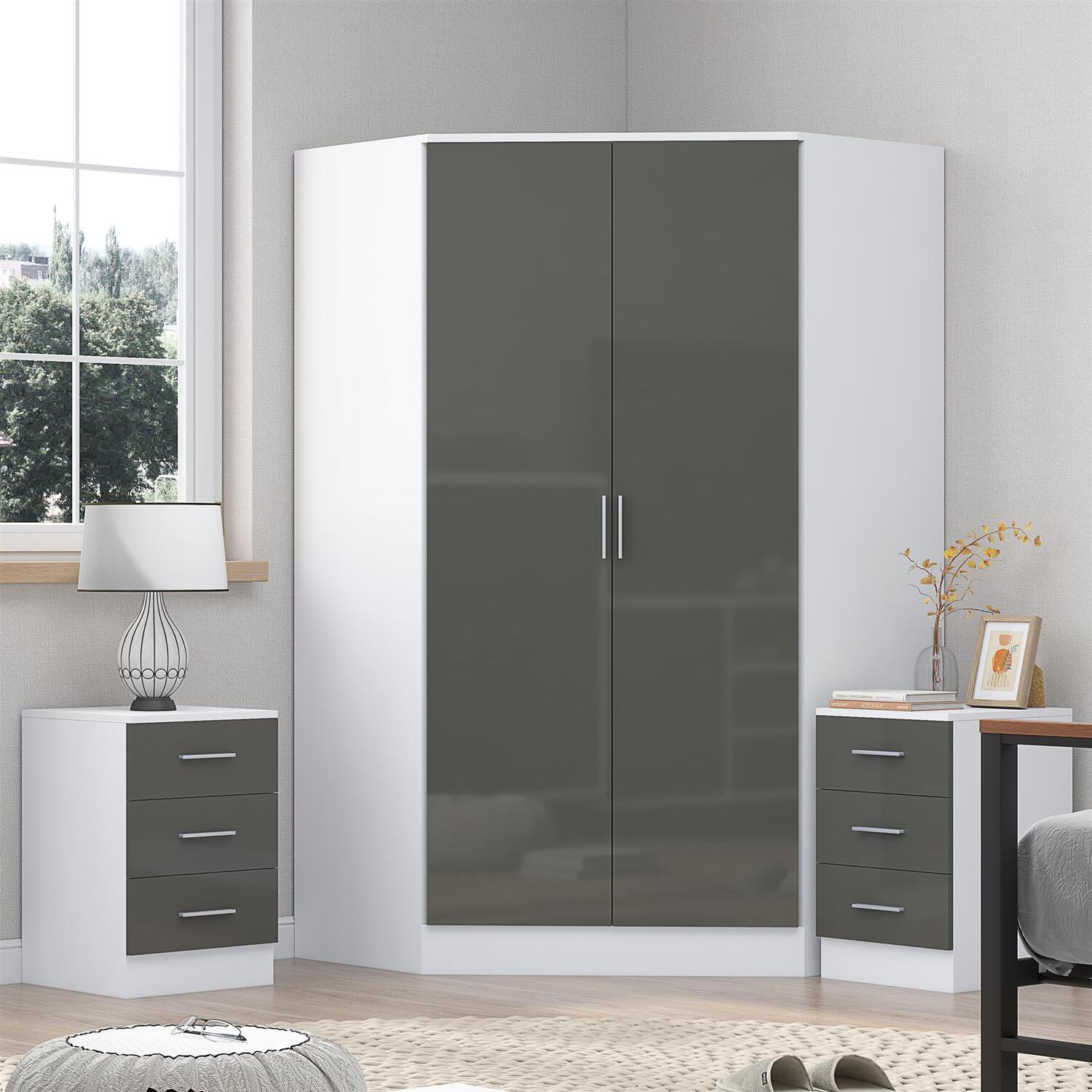 REFLECT Wardrobe Bundle: 2 Door Corner & 2x 3 Drawer Bedsides - Grey/White - Image 7