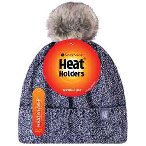 Ladies Cable Knit Fleece Lined Thermal Winter Bobble Hat with Pom Pom