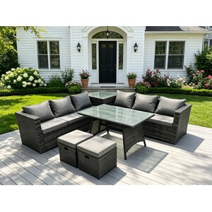 Outdoor Rattan Corner Sofa Set Dining Table + 2 Footstools