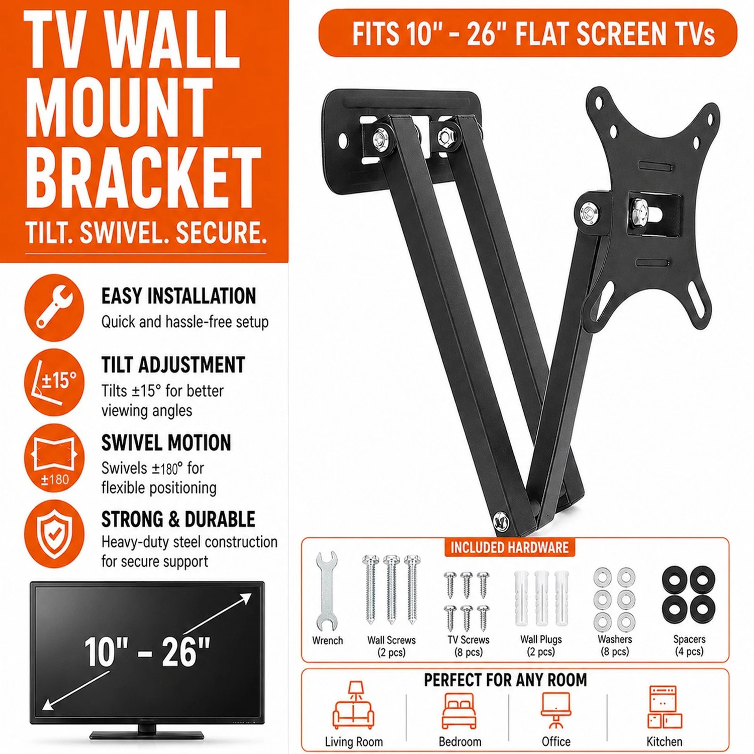 Atek Tv Wall Mount Bracket 10-26 Inch Swivel Tilt 30Kg Vesa 75-100Mm