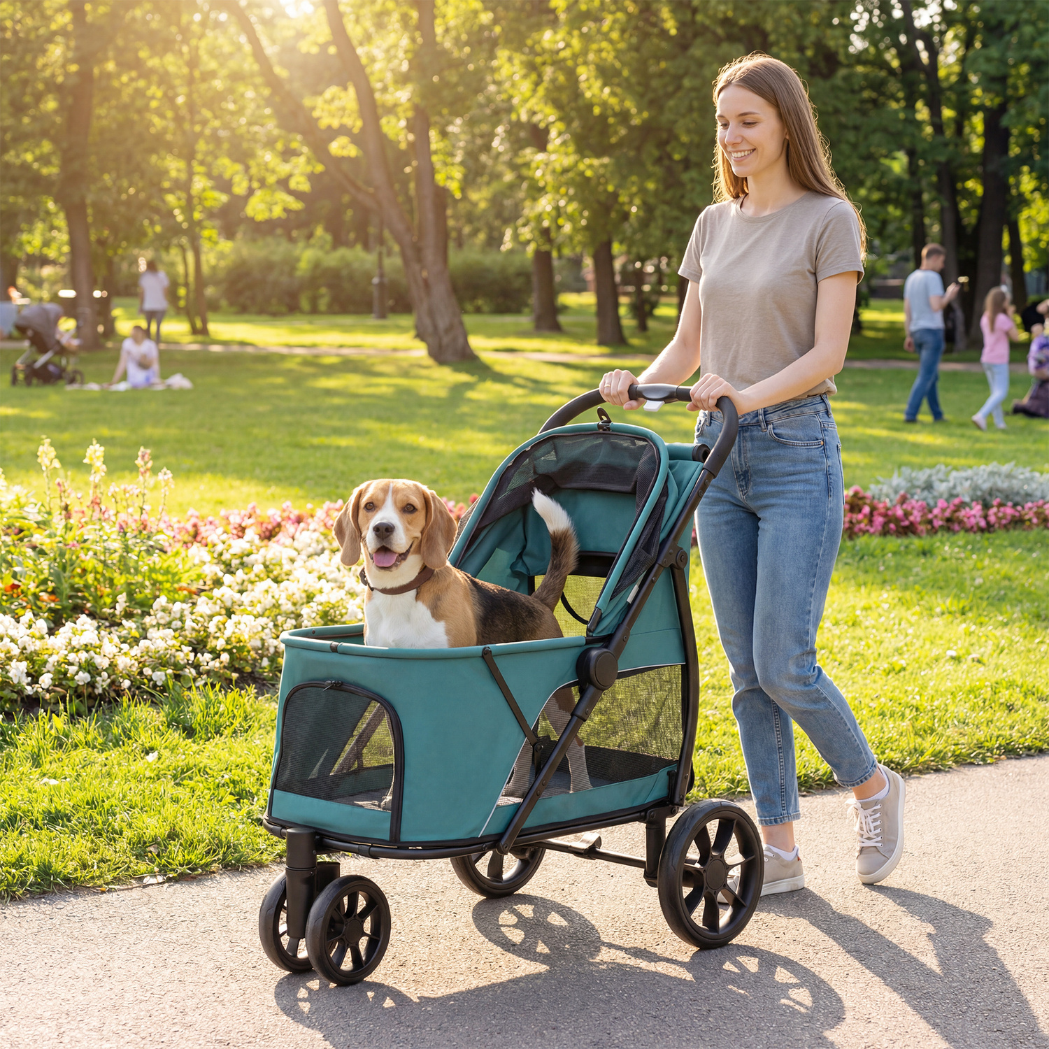 Pawhut Dog Stroller, 3 Wheels Pet Stroller With Dual Entry, Dark Green - Dark Green