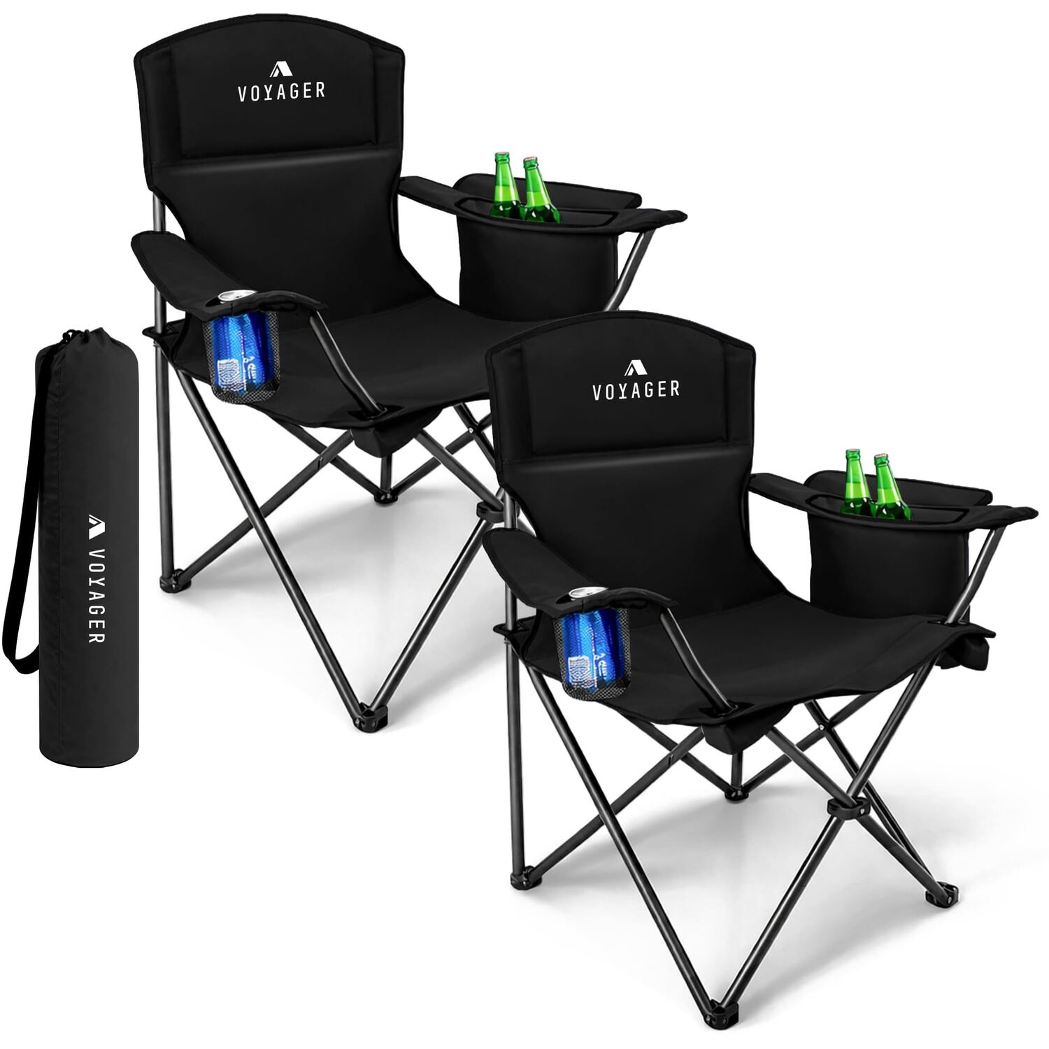 B&Q - Folding Camping Chairs 2 Pack With Cooler BagLightweight Q195 Steel Frame600D Oxford FabricPortableBlack - Image 2