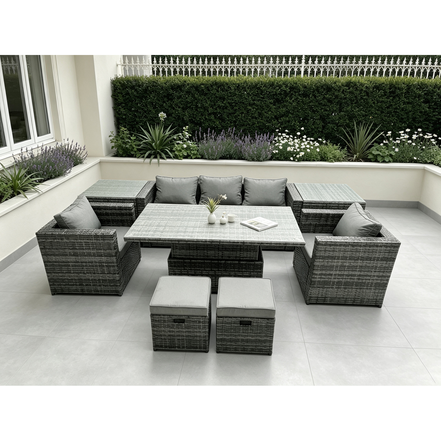 Fimous (4 Seater ) Rattan Outdoor Furniture Gas Fire Pit Dining Table Chairs Sofa - Image 3