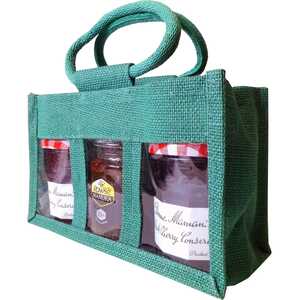 3 Jar Green Jute Bag with Handles for jam jars, chutneys and preserves
