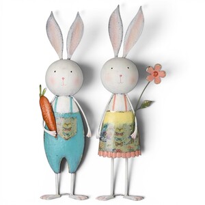 Set of 2 Metal Rabbits with Carrot and Flower Ornaments