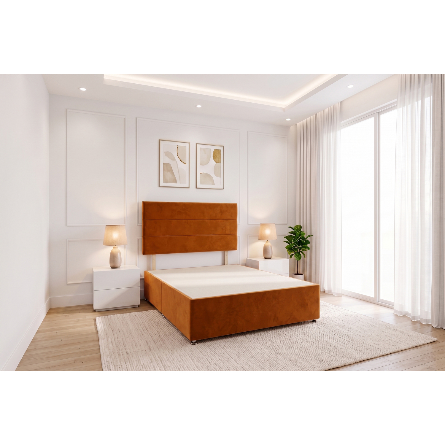 Knight Sleep York Orange Plush 4Ft6 Divan Bed Frame No Drawers With Upholstered Headboard - Double - Orange / Small Single
