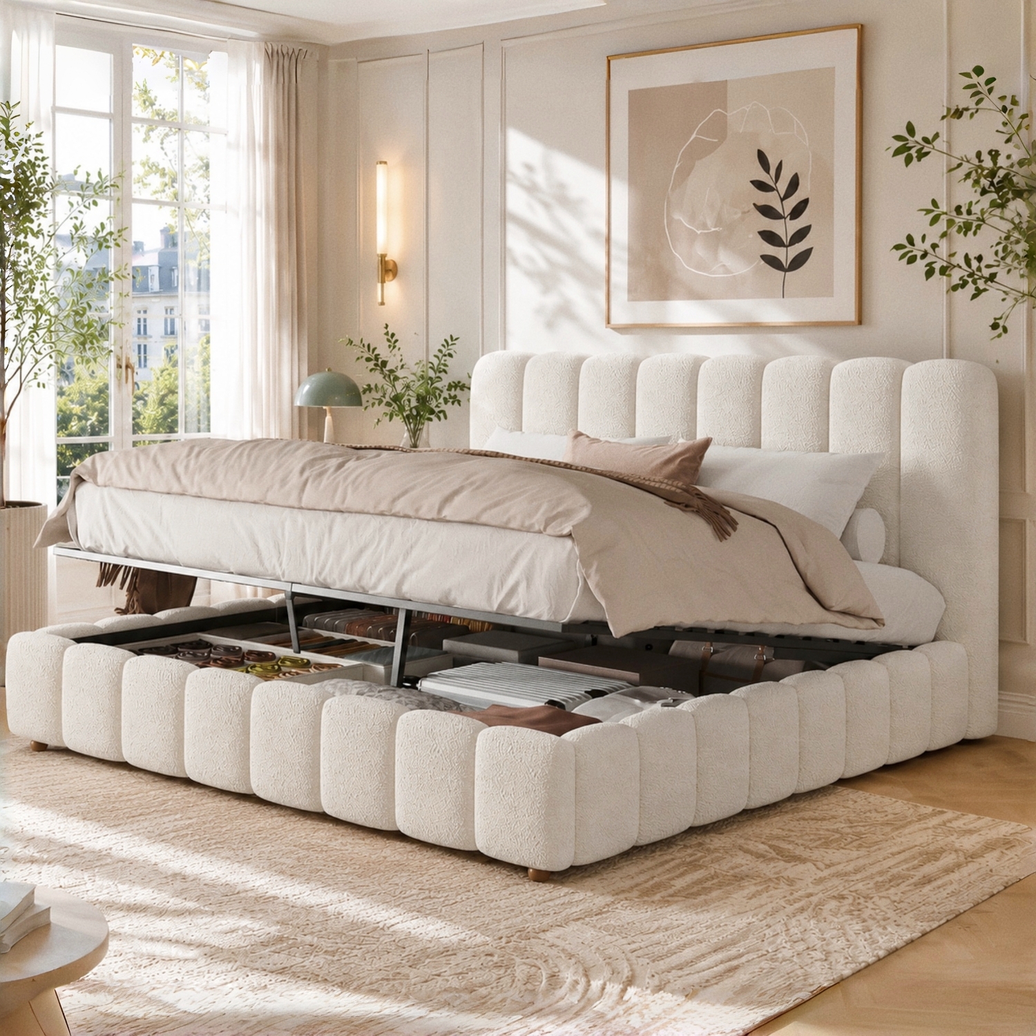 Aka Bouclé Upholstered Storage Bed With Hydraulic Lift - White