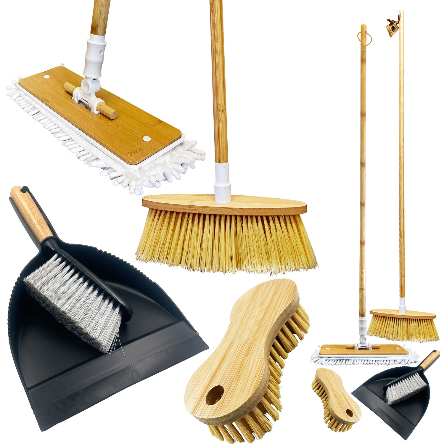 The Dustpan And Brush Store Bamboo Cleaning Set With Flat Mop Broom Dustpan Brush & Scrubbing Brush - Yellow