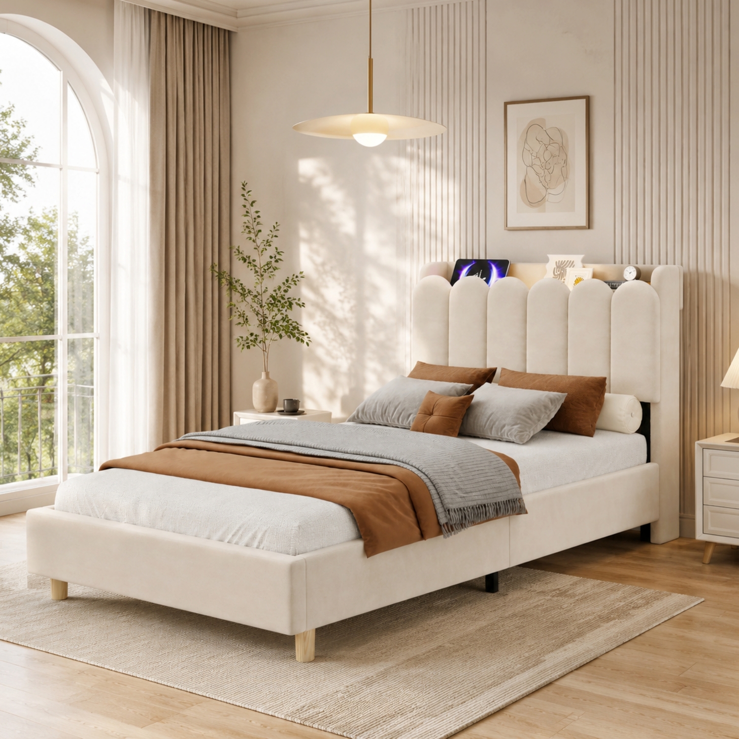 Aka Upholstered Platform Bed With Storage Headboard, Usb, Type-C And Reading Light - Cream