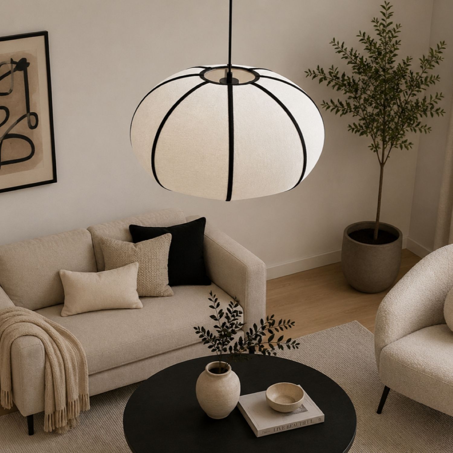 CGC Lighting Indoor Lamp Shade Linen Fabric Hanging Ceiling Floor Large Oatmeal Textured Finish (Libby Black Stitching) - Image 2