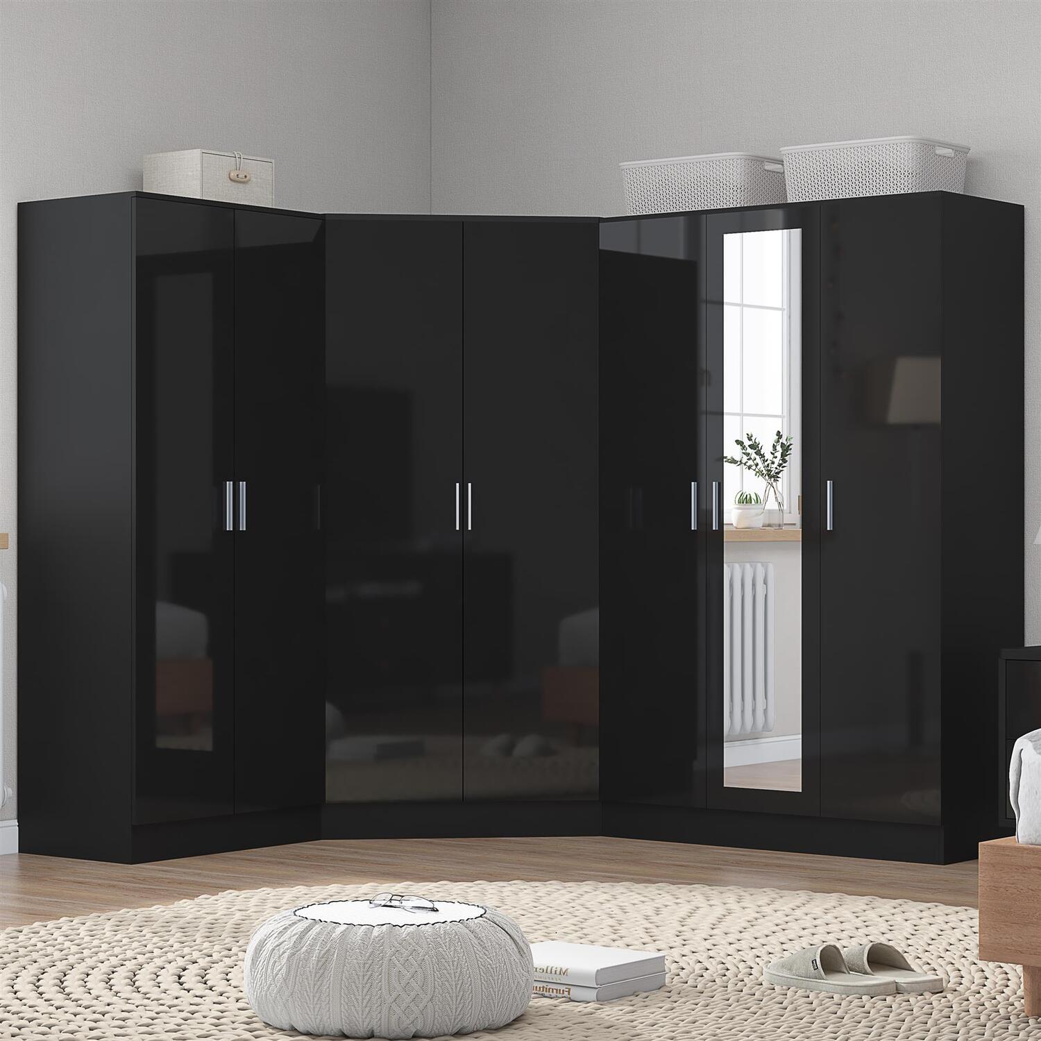 B&Q - 3Pc Wardrobe Bundle2 Door Corner + 3 Door Mirror + 2 Door PlainBlack Gloss & Black OakH: 180Cm X W: 291Cm - Image 6