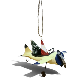 Metal Santa in Navy and Cream Aeroplane Christmas Tree Decoration