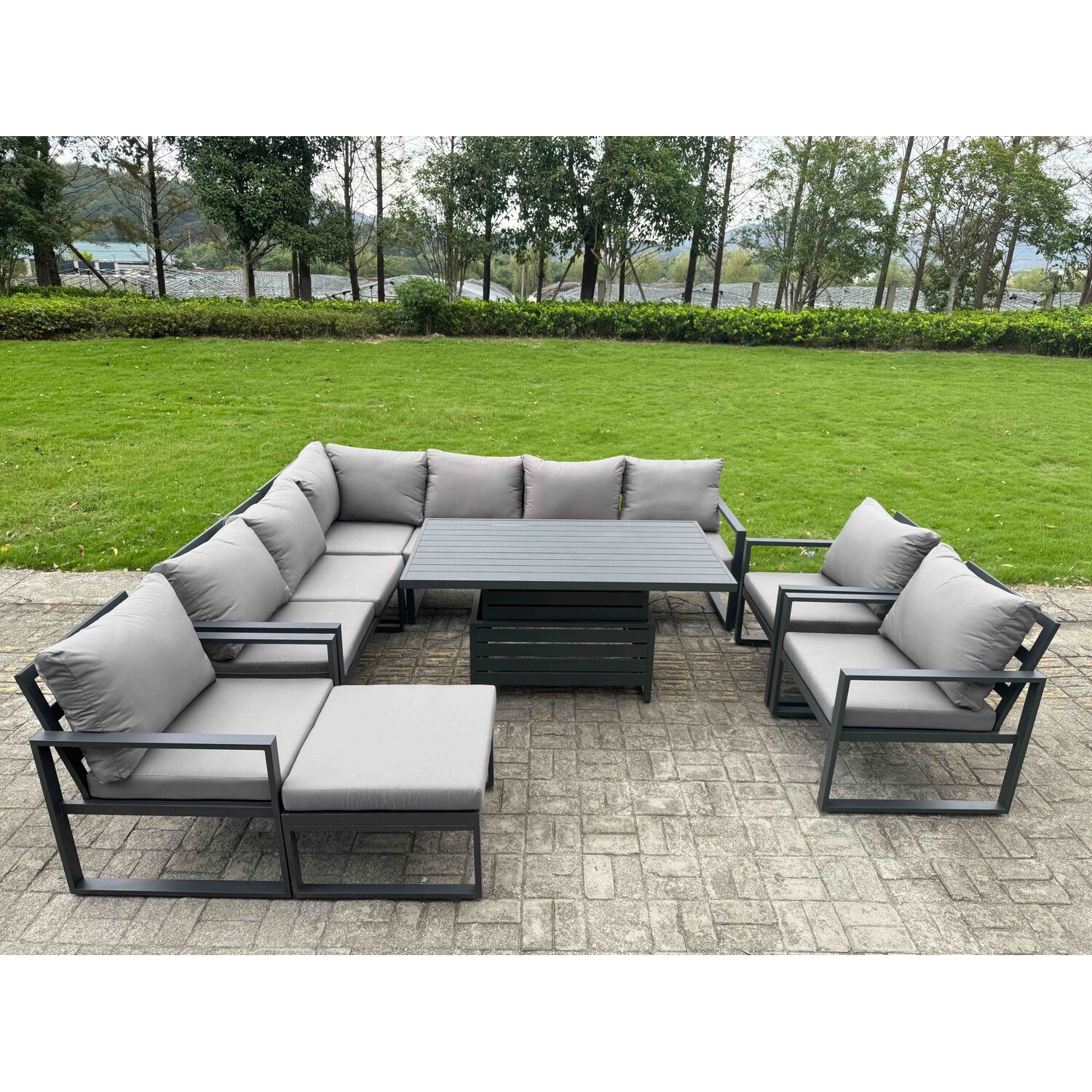 Fimous Grey 10 Seater Aluminium Garden Furniture Set With Adjustable Rising Dining Table, Corner Sofa, 3 Chairs & 1 Footstool - Image 3