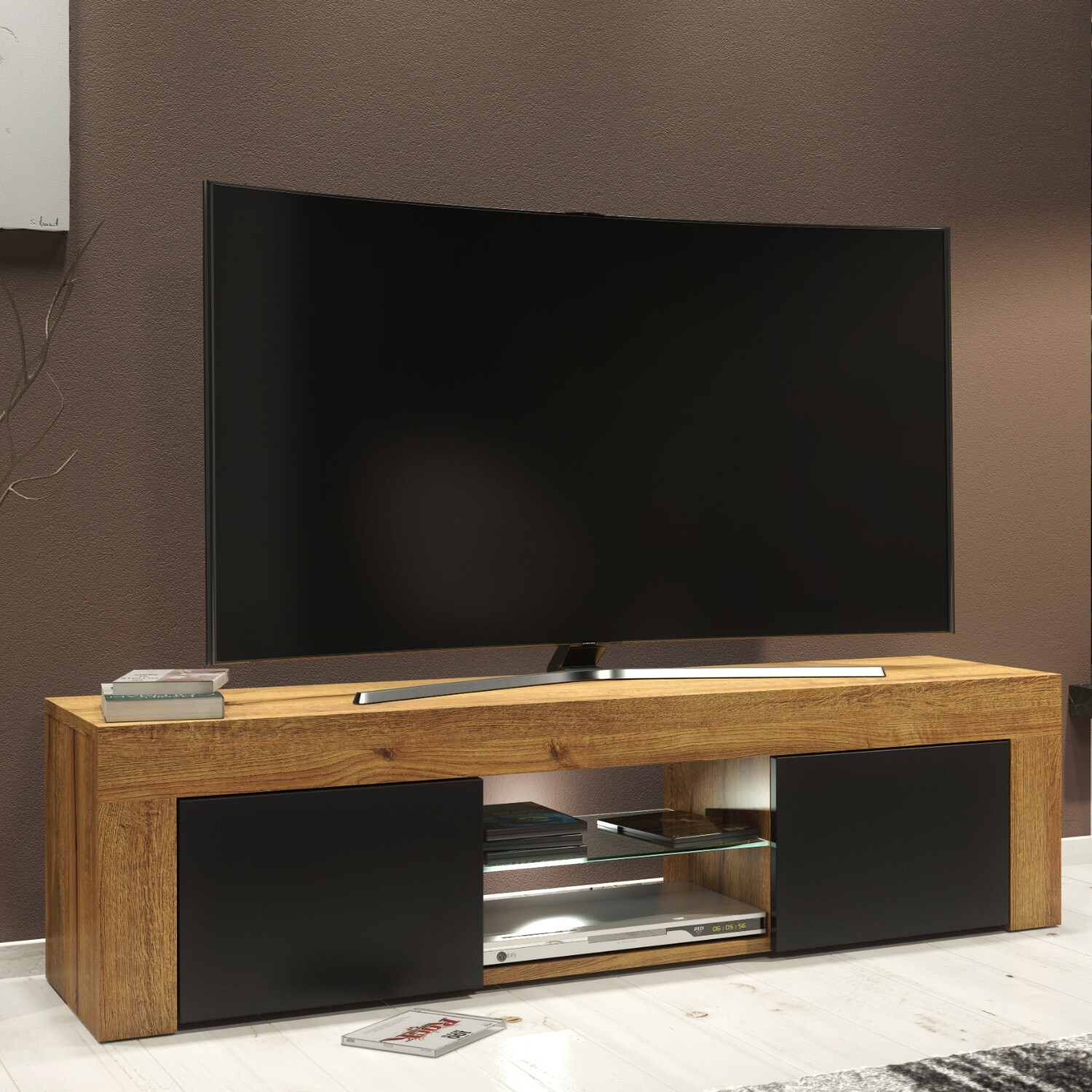 Mex Furniture Ltd Loom Tv Unit & Led C - Dark Oak With Black Matt Doors