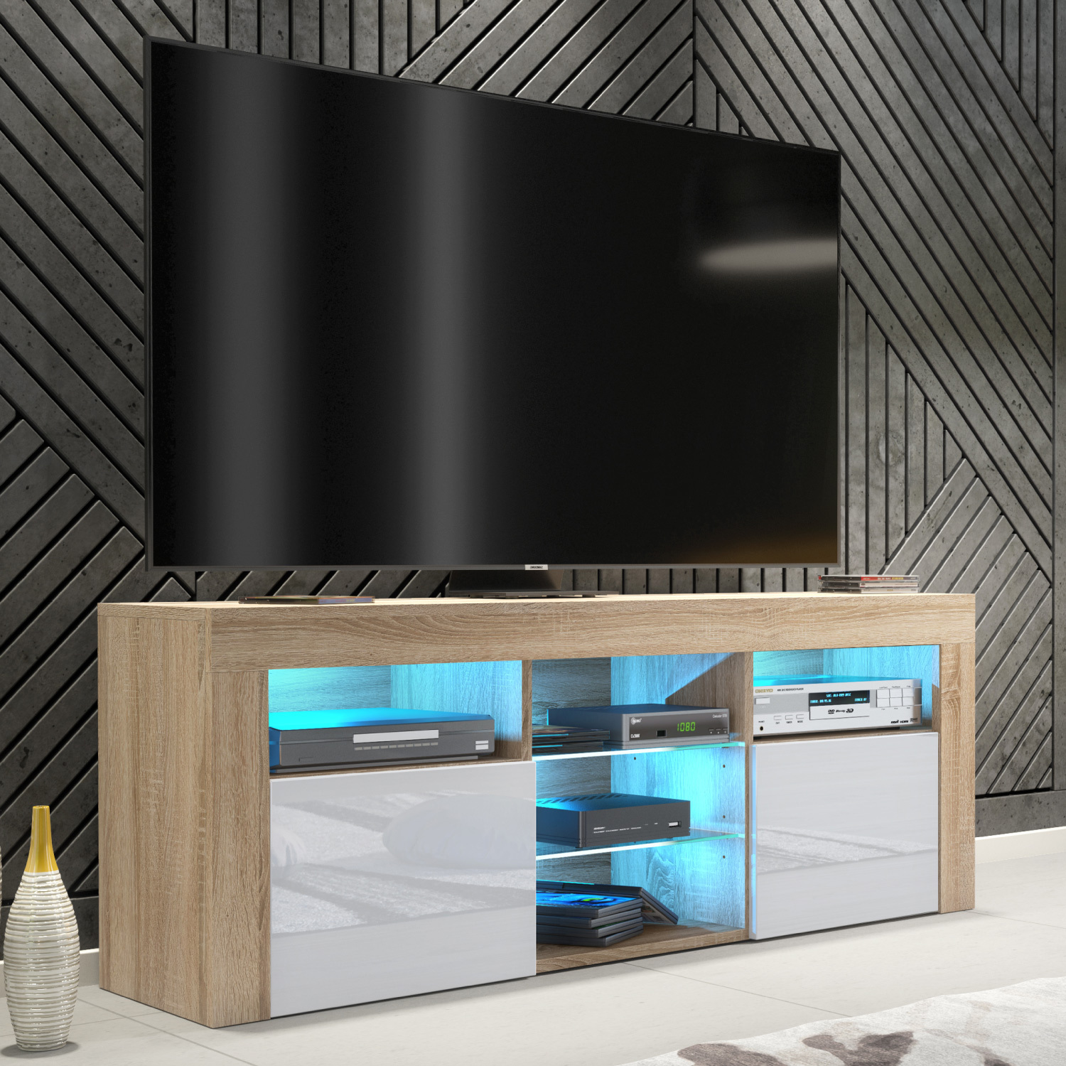 Mex Furniture Ltd Pulse Tv Unit & Led D - Oak With White Gloss Doors